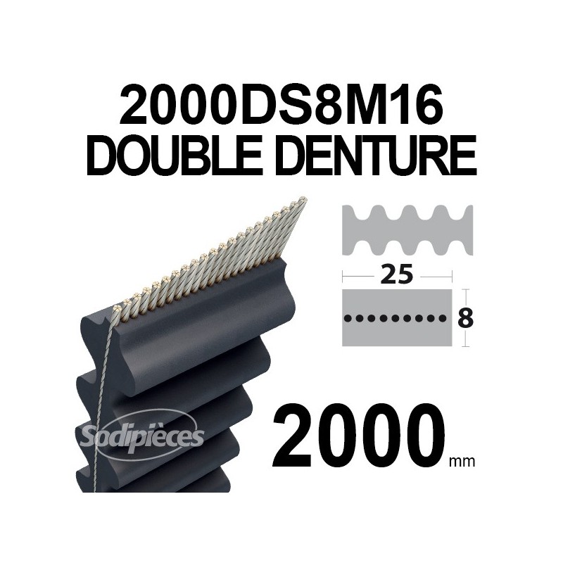 Courroie tondeuse double denture 2000DS8M16. 16 mm x 2000 mm