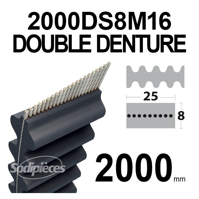 Courroie tondeuse double denture 2000DS8M16. 16 mm x 2000 mm