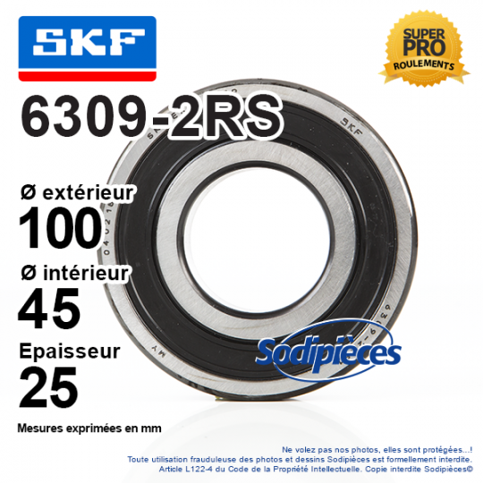 Roulement à billes 6309-2RS SKF. Double étanchéité