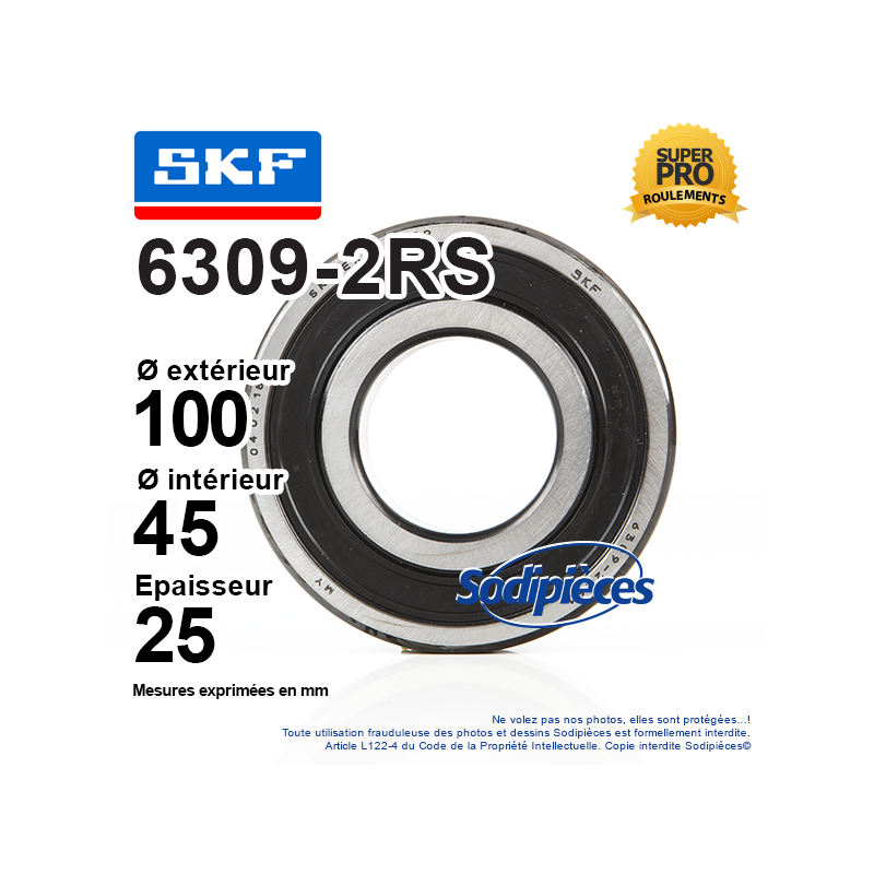 Roulement à billes 6309-2RS SKF. Double étanchéité