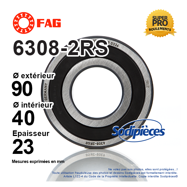 Roulement à billes 6308-2RS FAG. Double étanchéité