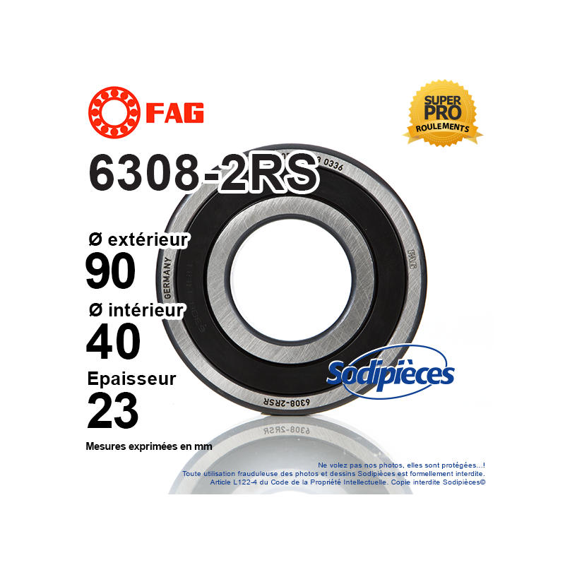 Roulement à billes 6308-2RS FAG. Double étanchéité