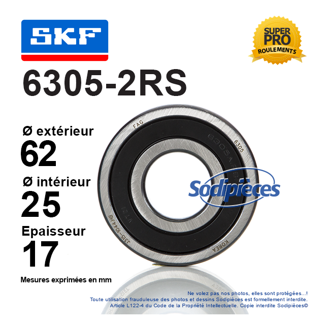 Roulement à billes 6305-2RS SKF. Double étanchéité