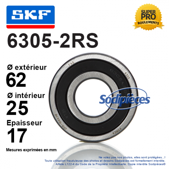 Roulement à billes 6305-2RS SKF. Double étanchéité