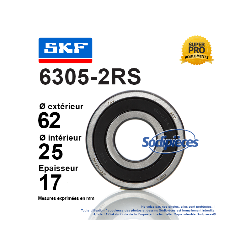 Roulement à billes 6305-2RS SKF. Double étanchéité