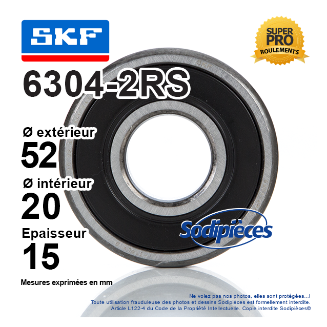 Roulement à billes 6304-2RS SKF. Double étanchéité