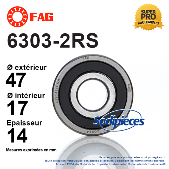 Roulement à billes 6303-2RS FAG. Double étanchéité