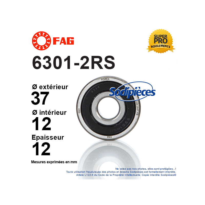 Roulement à billes 6301-2RS FAG. Double étanchéité