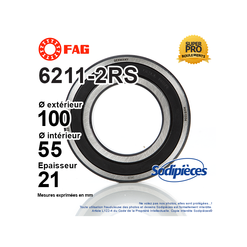Roulement à billes 6211-2RS FAG. Double étanchéité