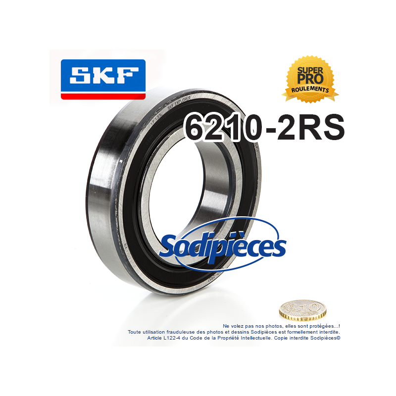 Roulement à billes 6210-2RS SKF. Double étanchéité