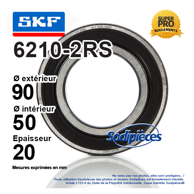 Roulement à billes 6210-2RS SKF. Double étanchéité