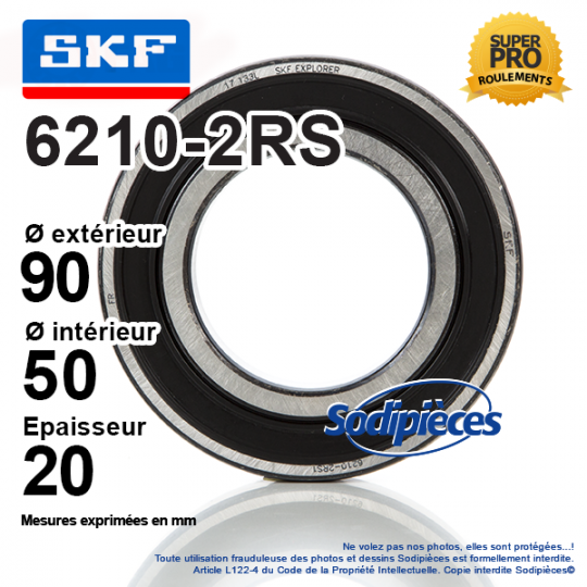 Roulement à billes 6210-2RS SKF. Double étanchéité