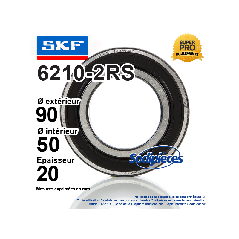 Roulement à billes 6210-2RS SKF. Double étanchéité