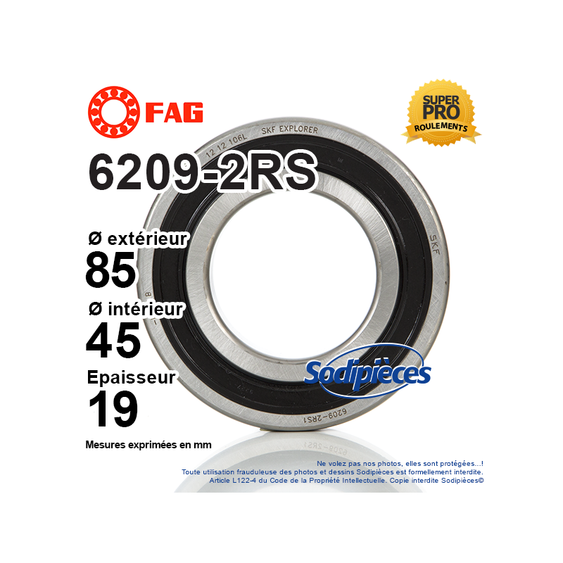 Roulement à billes 6209-2RS FAG. Double étanchéité