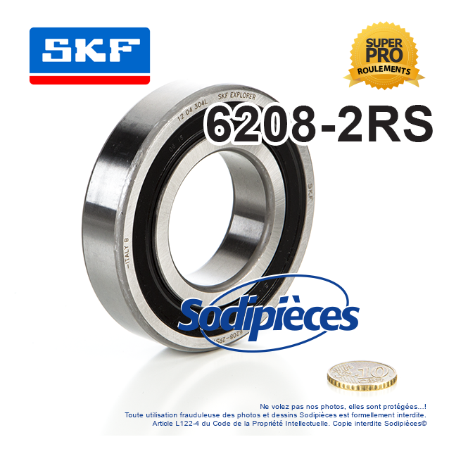 Roulement à billes 6208-2RS SKF. Double étanchéité