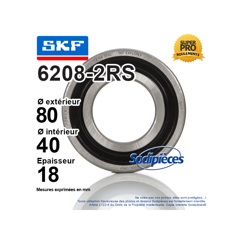 Roulement à billes 6208-2RS SKF. Double étanchéité
