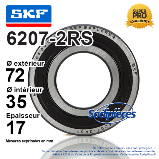 Roulement à billes 6207-2RS SKF. Double étanchéité