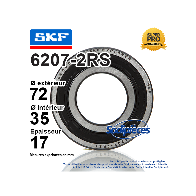 Roulement à billes 6207-2RS SKF. Double étanchéité