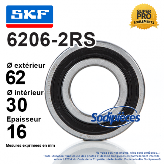 Roulement à billes 6206-2RS SKF. Double étanchéité