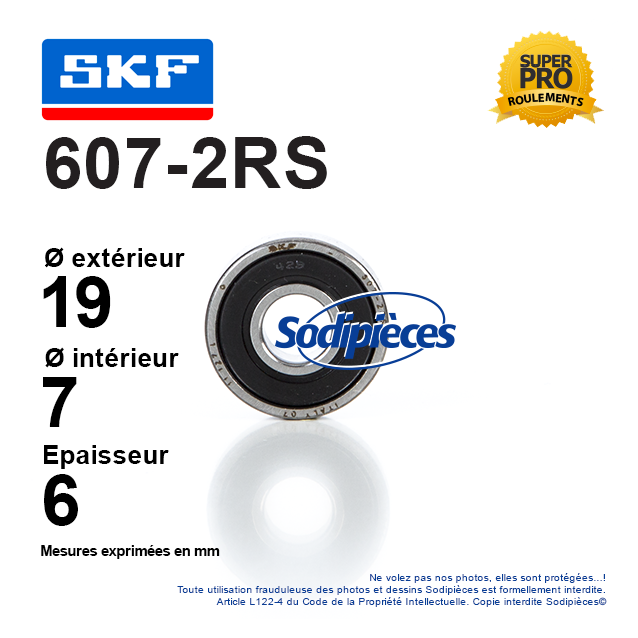 Roulement à billes 607-2RS SKF. Double étanchéité