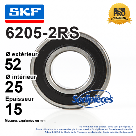 Roulement à billes 6205-2RS SKF. Double étanchéité