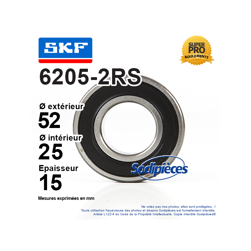 Roulement à billes 6205-2RS SKF. Double étanchéité