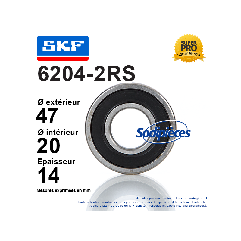 Roulement à billes 6204-2RS SKF. Double étanchéité