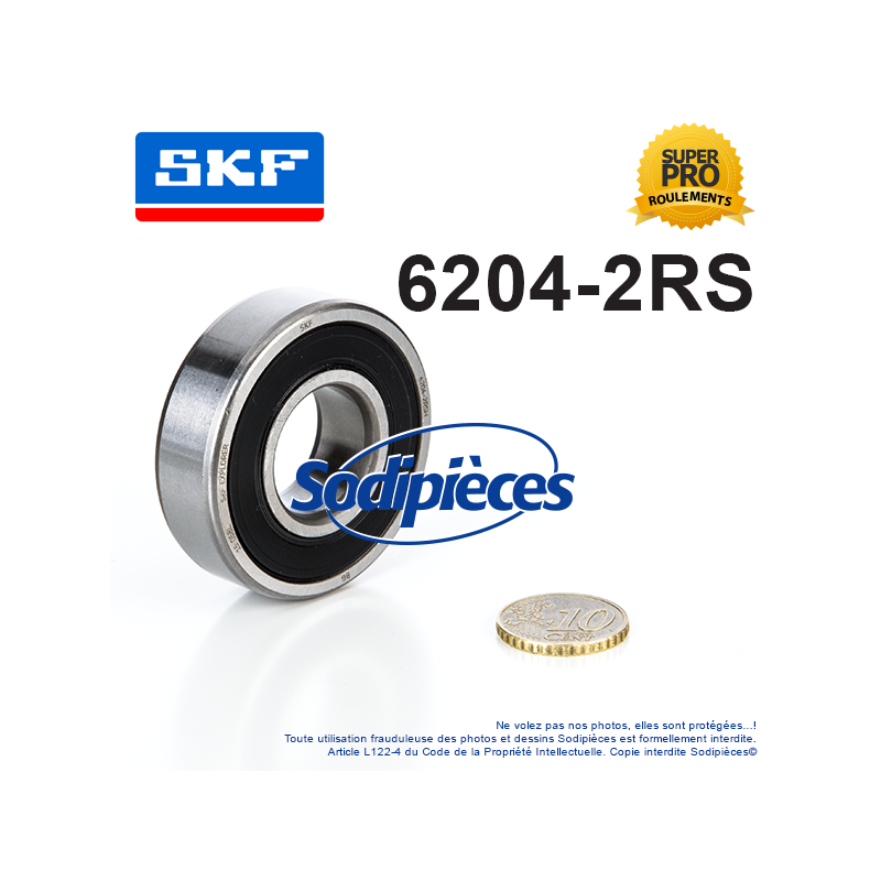 Roulement à billes 6204-2RS SKF. Double étanchéité