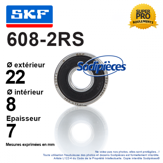 Roulement à billes 608-2RS SKF. Double étanchéité