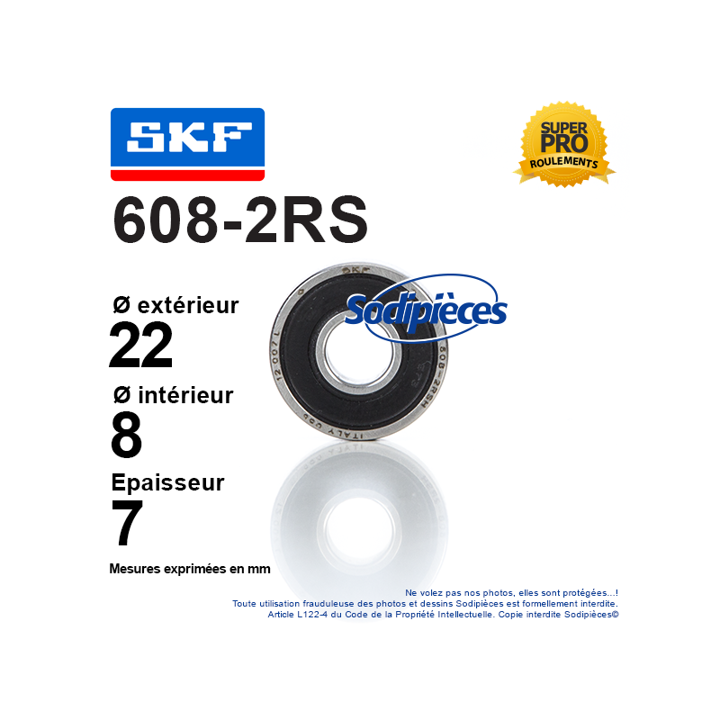 Roulement à billes 608-2RS SKF. Double étanchéité