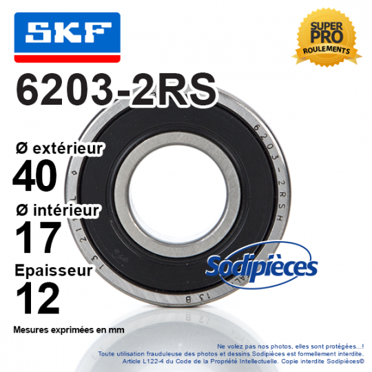 Roulement à billes 6203-2RS SKF. Double étanchéité