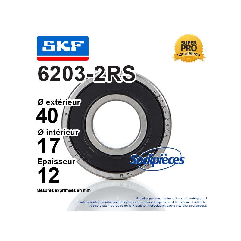 Roulement à billes 6203-2RS SKF. Double étanchéité