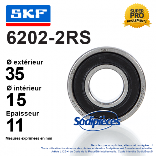 Roulement à billes 6202-2RS SKF. Double étanchéité