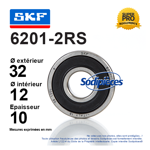 Roulement à billes 6201-2RS SKF. Double étanchéité