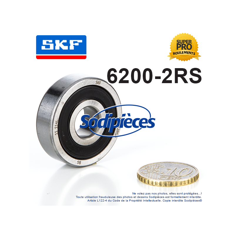 Roulement à billes 6200-2RS SKF. Double étanchéité