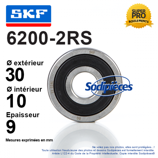 Roulement à billes 6200-2RS SKF. Double étanchéité