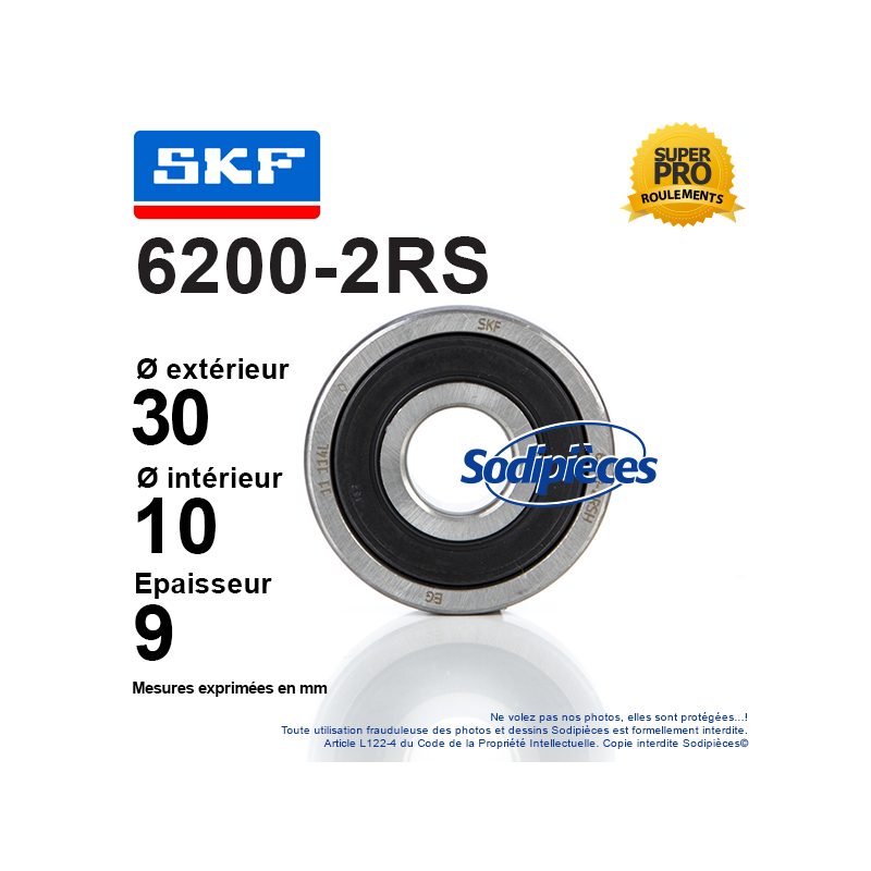 Roulement à billes 6200-2RS SKF. Double étanchéité