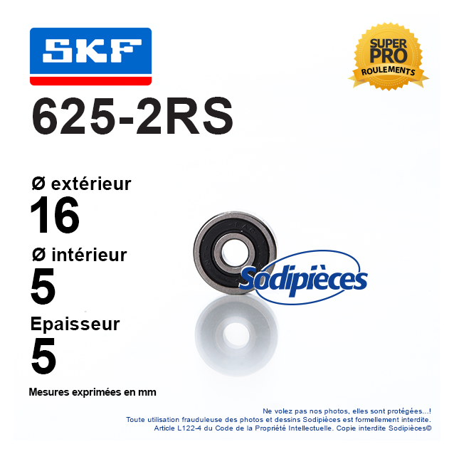 Roulement à billes 625-2RS SKF. Double étanchéité