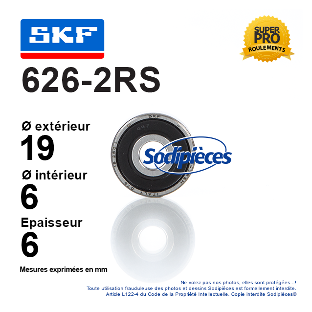 Roulement à billes 626-2RS SKF. Double étanchéité