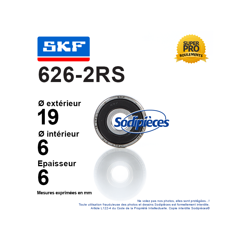 Roulement à billes 626-2RS SKF. Double étanchéité