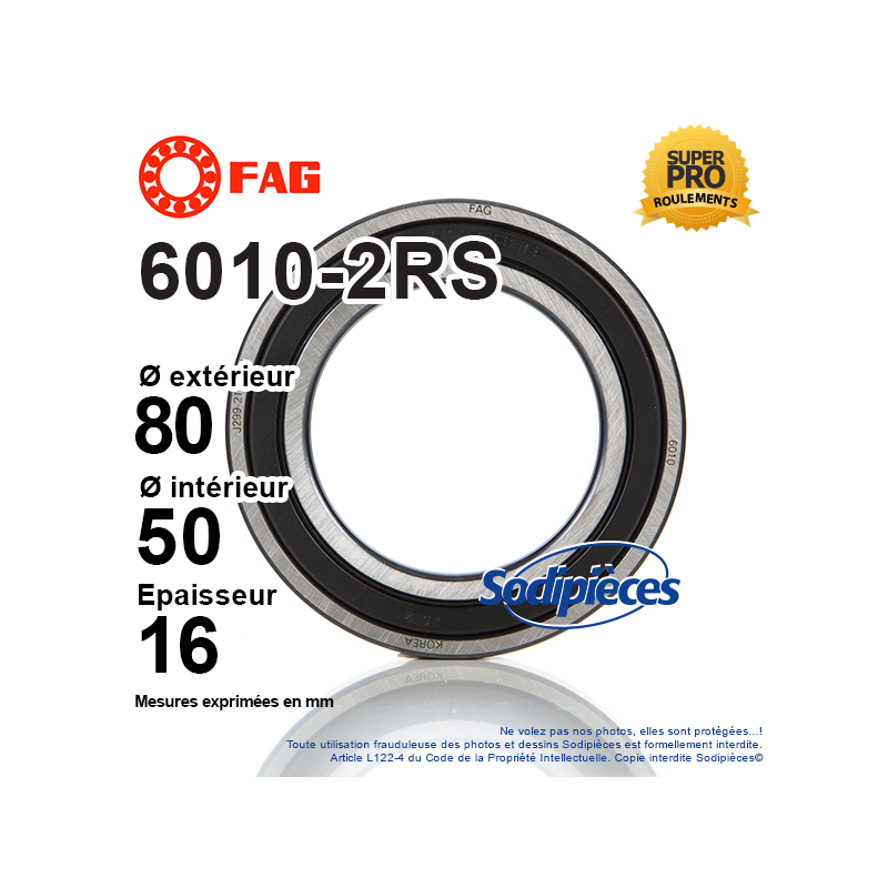 Roulement à billes 6010-2RS FAG. Double étanchéité