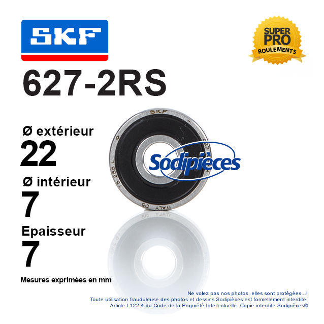 Roulement à billes 627-2RS SKF. Double étanchéité