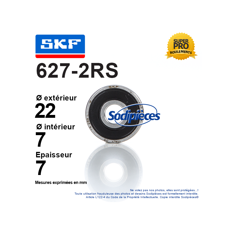 Roulement à billes 627-2RS SKF. Double étanchéité