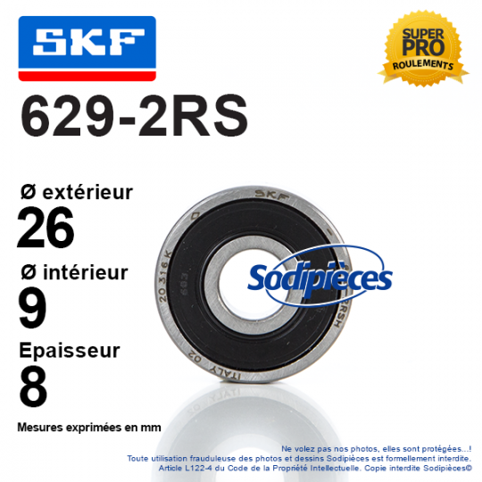 Roulement à billes 629-2RS SKF. Double étanchéité