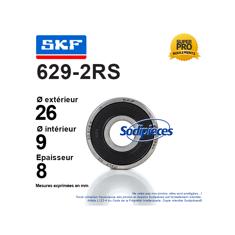 Roulement à billes 629-2RS SKF. Double étanchéité