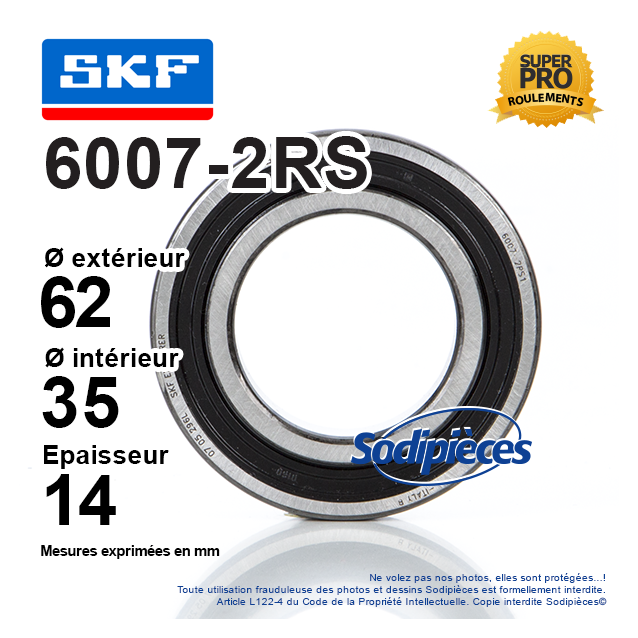 Roulement à billes 6007-2RS SKF. Double étanchéité