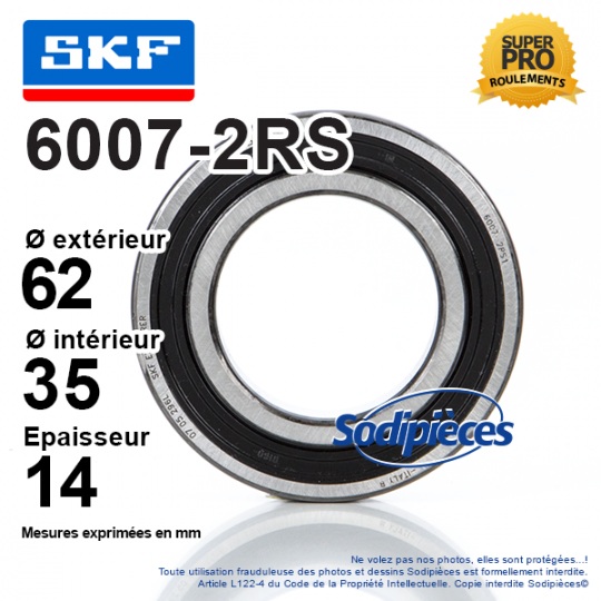 Roulement à billes 6007-2RS SKF. Double étanchéité