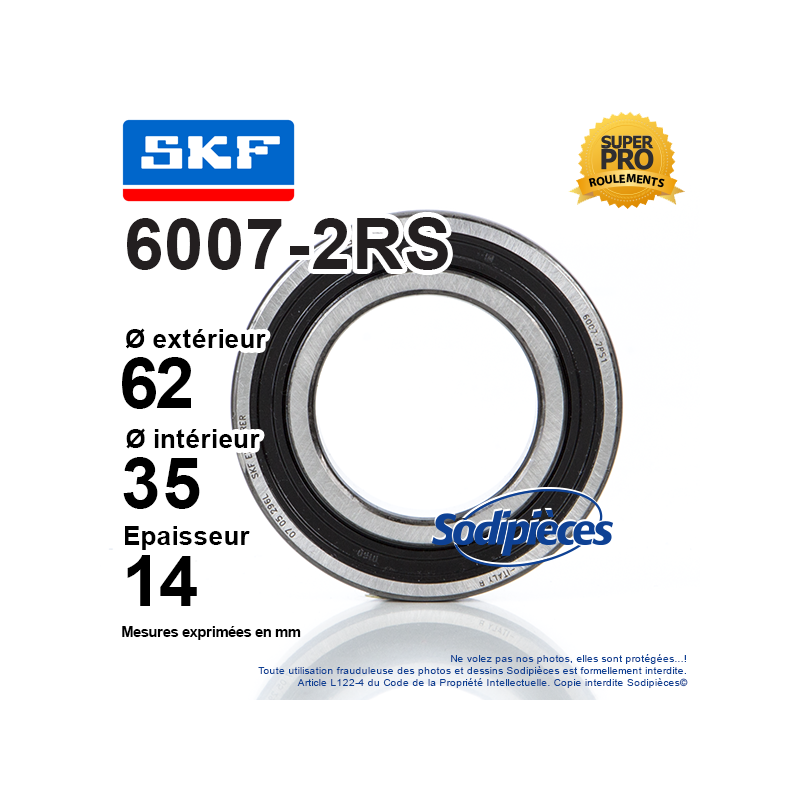 Roulement à billes 6007-2RS SKF. Double étanchéité