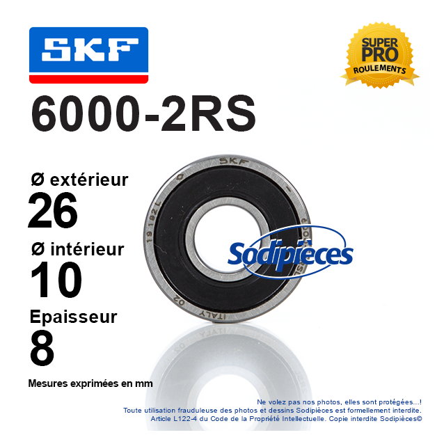 Roulement à billes 6000-2RS SKF. Double étanchéité