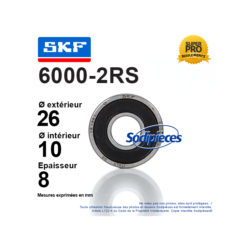 Roulement à billes 6000-2RS SKF. Double étanchéité